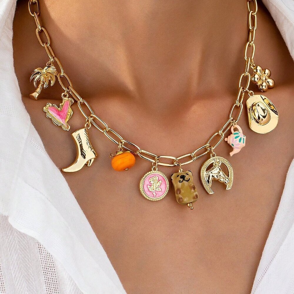 Multicolor Cowboy Boot Hat Horseshoe Dog Charm Necklace